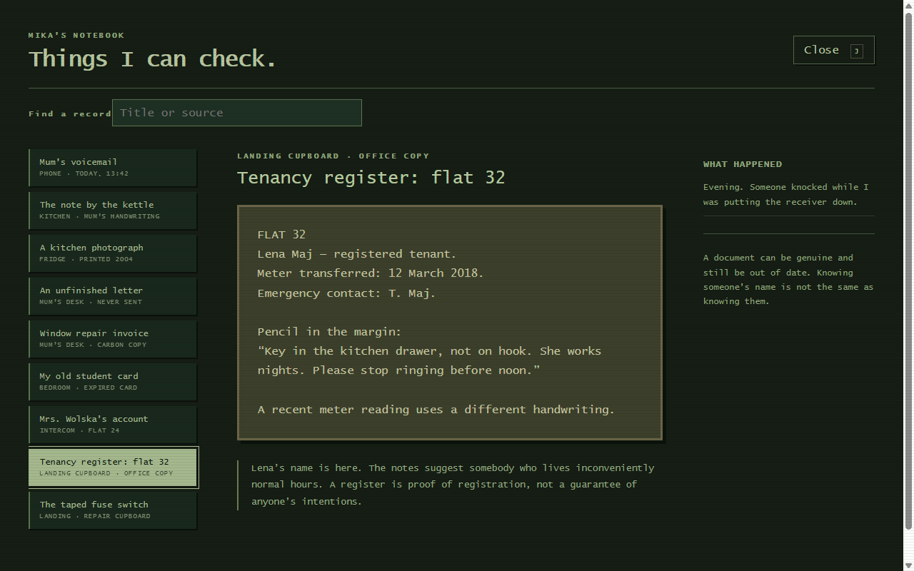 The evidence notebook showing an apartment tenancy record